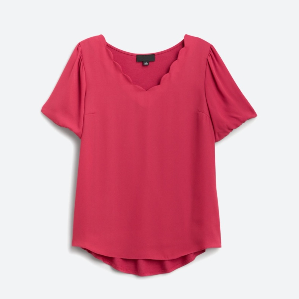 FORTUNE + IVY Arielle Scallop Detail Mixed Material Blouse in Dark Pink